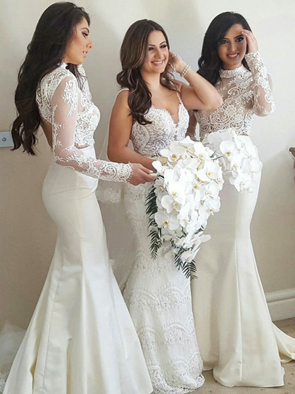 High Neck Lace Top Bridesmaid Dress, Long Sleeve Mermaid Backless Brid Dairy Bridal High Neck Lace Top Bridesmaid Dress, Long Sleeve Mermaid Backless Brid Dairy Bridal