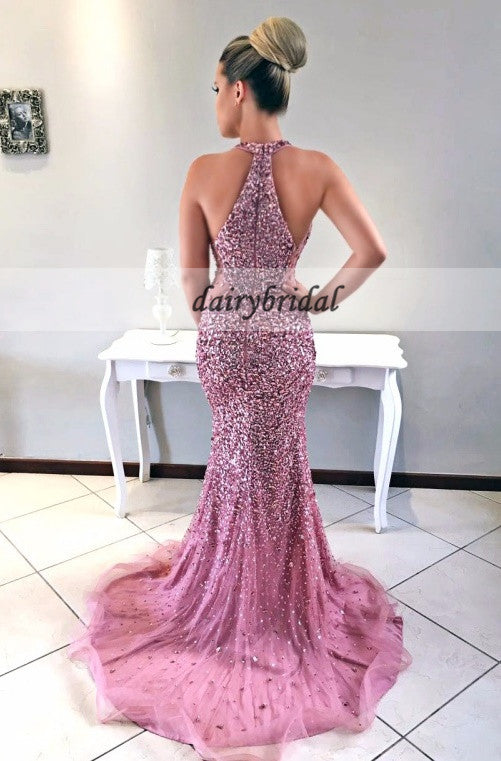 Pink V-Neck Tulle Prom Dress, Mermaid Beaded Sexy Prom Dress, D69