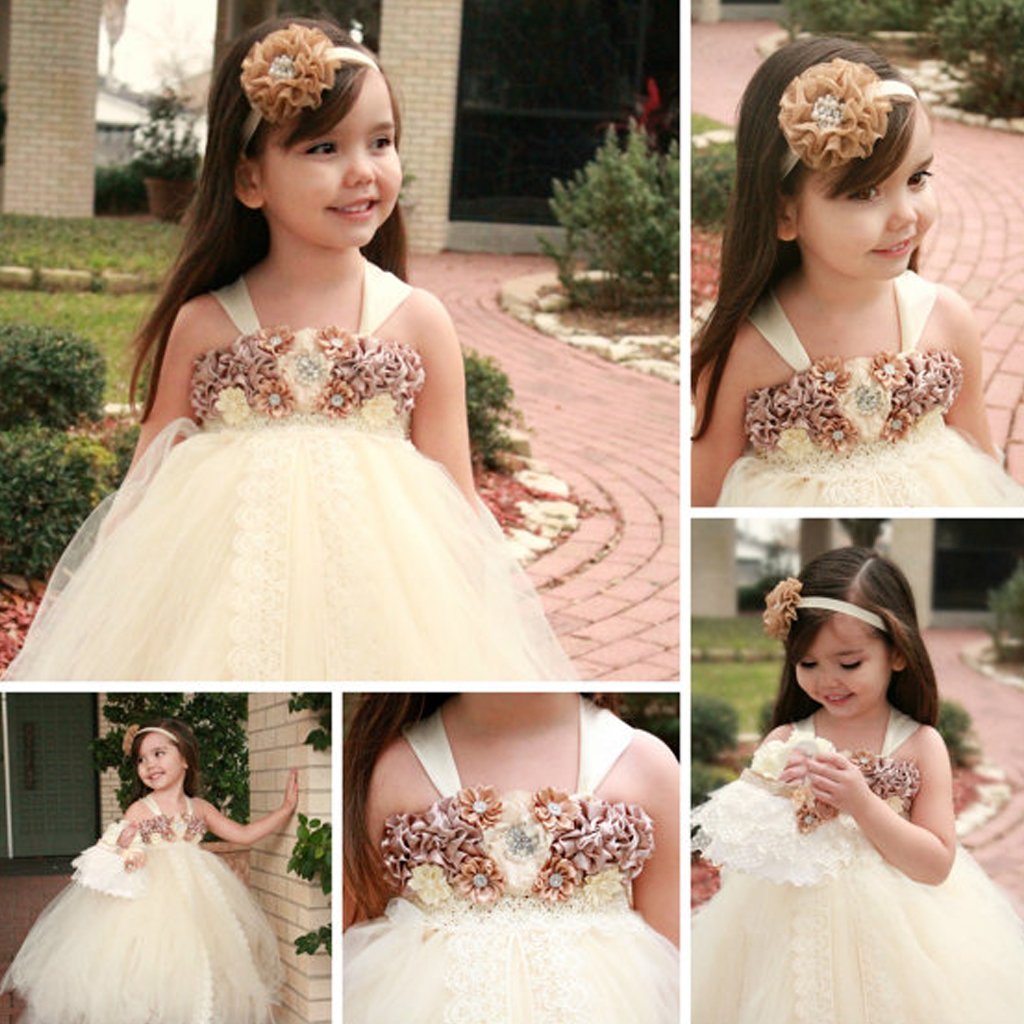 Ivory Tulle Lace Flower Girl Dresses With Satin Flowers, Lovely Cute T Dairy Bridal Ivory Tulle Lace Flower Girl Dresses With Satin Flowers, Lovely Cute T Dairy Bridal