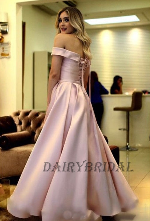 Off the Shoulder Satin A-Line Backless Pink Charming Prom Dresses, D70