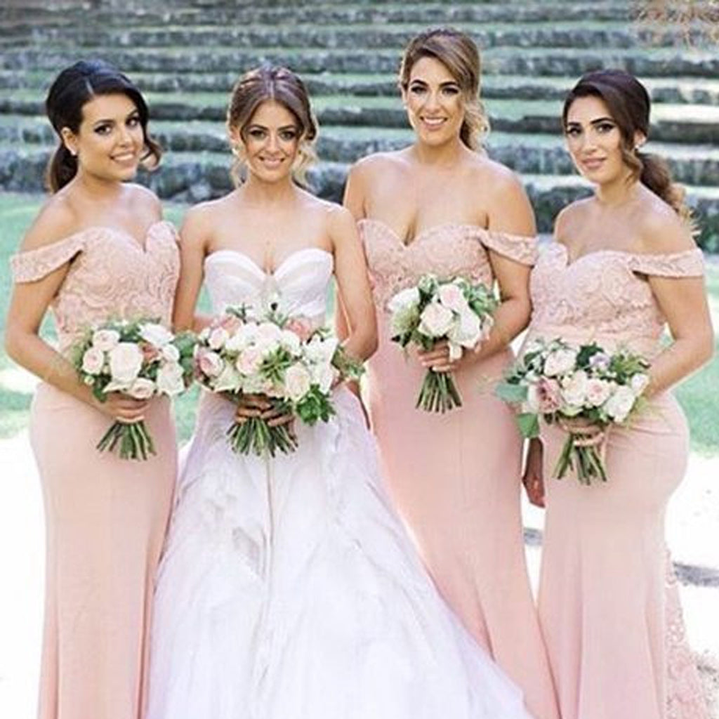 Honest Off Shoulder Bridesmaid Dress, Pink Lace Mermaid Bridesmaid Dre Dairy Bridal Honest Off Shoulder Bridesmaid Dress, Pink Lace Mermaid Bridesmaid Dre Dairy Bridal