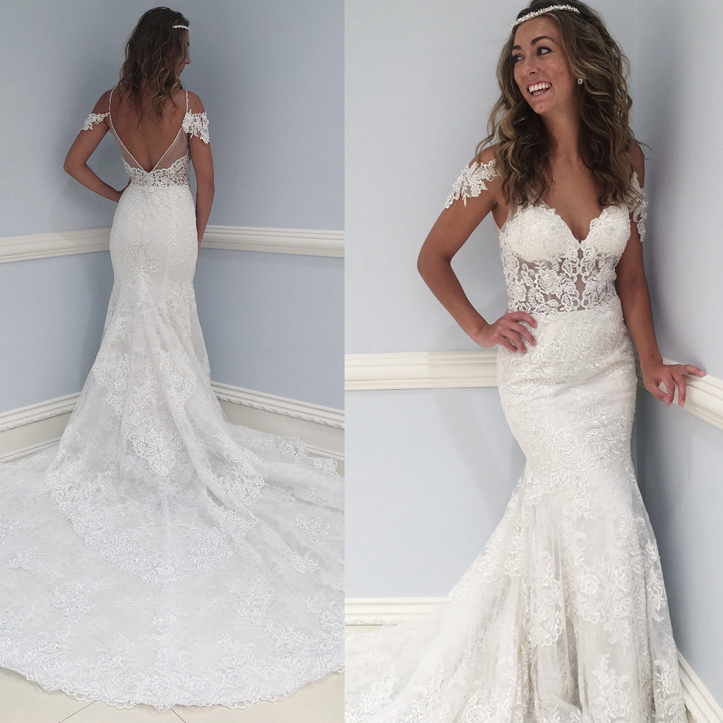 Mermaid Lace V-Neck Wedding Dress, V-Back Tulle Wedding Dress, D748 ...
