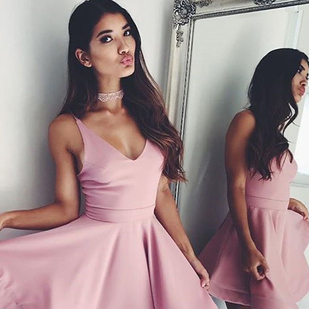 Above-Knee Pink Homecoming Dress, V-Neck Backless Adorable Homecoming Dress, D758