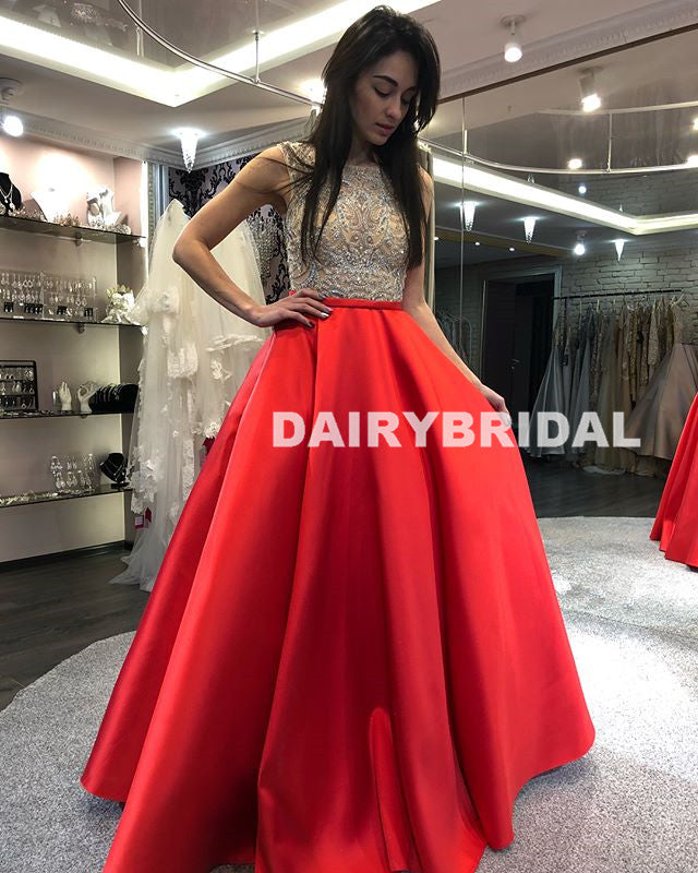 Beaded Top Sleeveless Prom Dress, Charming Red Satin Prom Dress