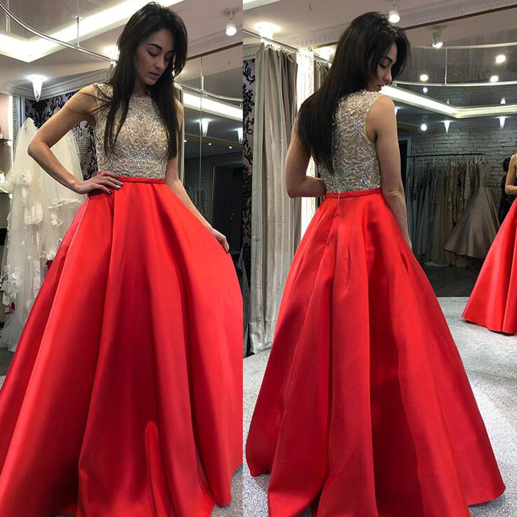 Beaded Top Sleeveless Prom Dress, Charming Red Satin Prom Dress