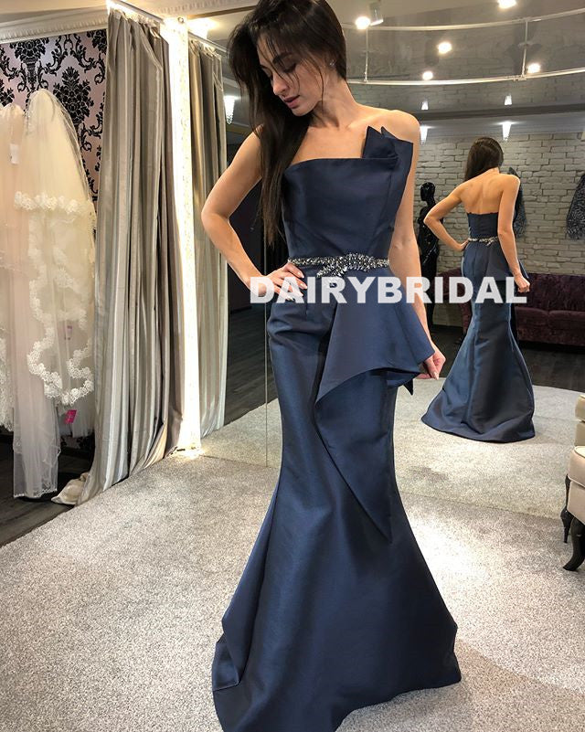 Satin Mermaid Backless Prom Dress, Charming Beaded Prom Dress, D771