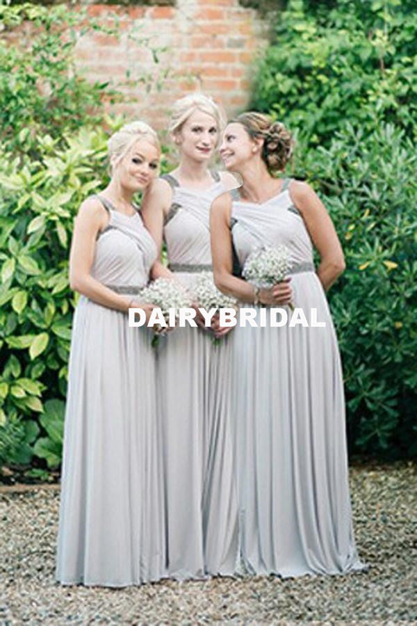 Long A-Line Chiffon Bridesmaid Dress, Sleeveless Beaded Bridesmaid Dress, D806