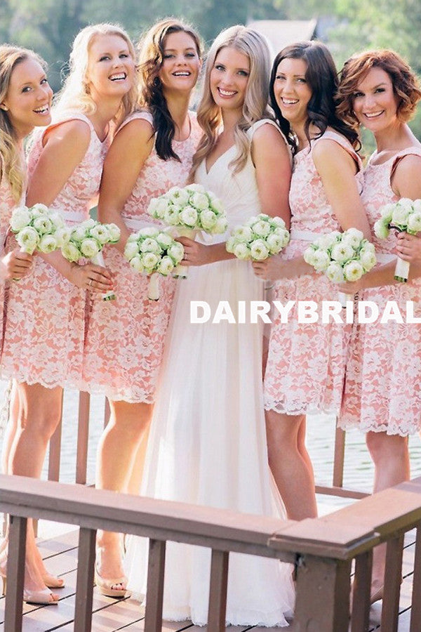 Short Lace Bridesmaid Dress, Simple Pink Knee-Length Bridesmaid Dress, Dairy Bridal Short Lace Bridesmaid Dress, Simple Pink Knee-Length Bridesmaid Dress, Dairy Bridal