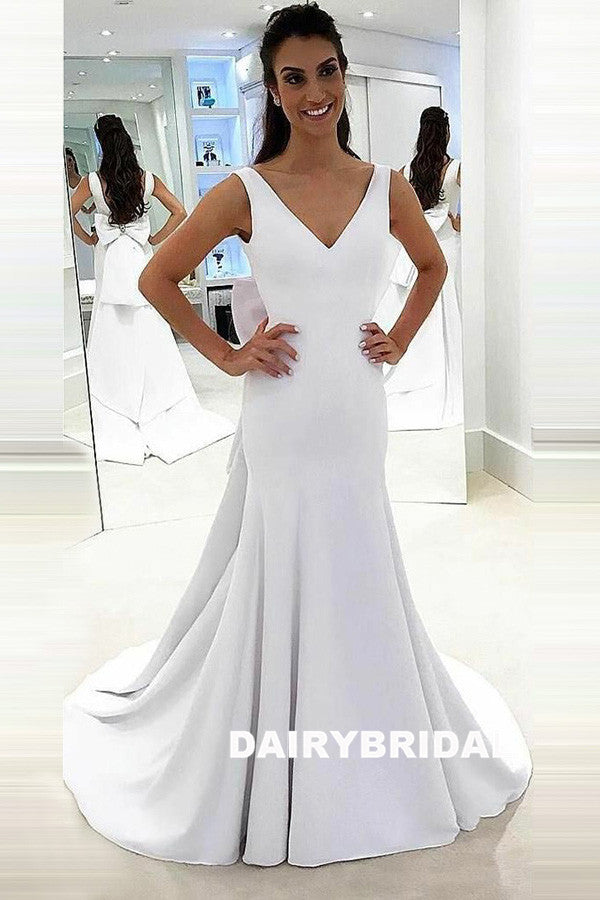 Satin Mermaid V-Neck Wedding Dress, Charming Backless Wedding Dress, D819