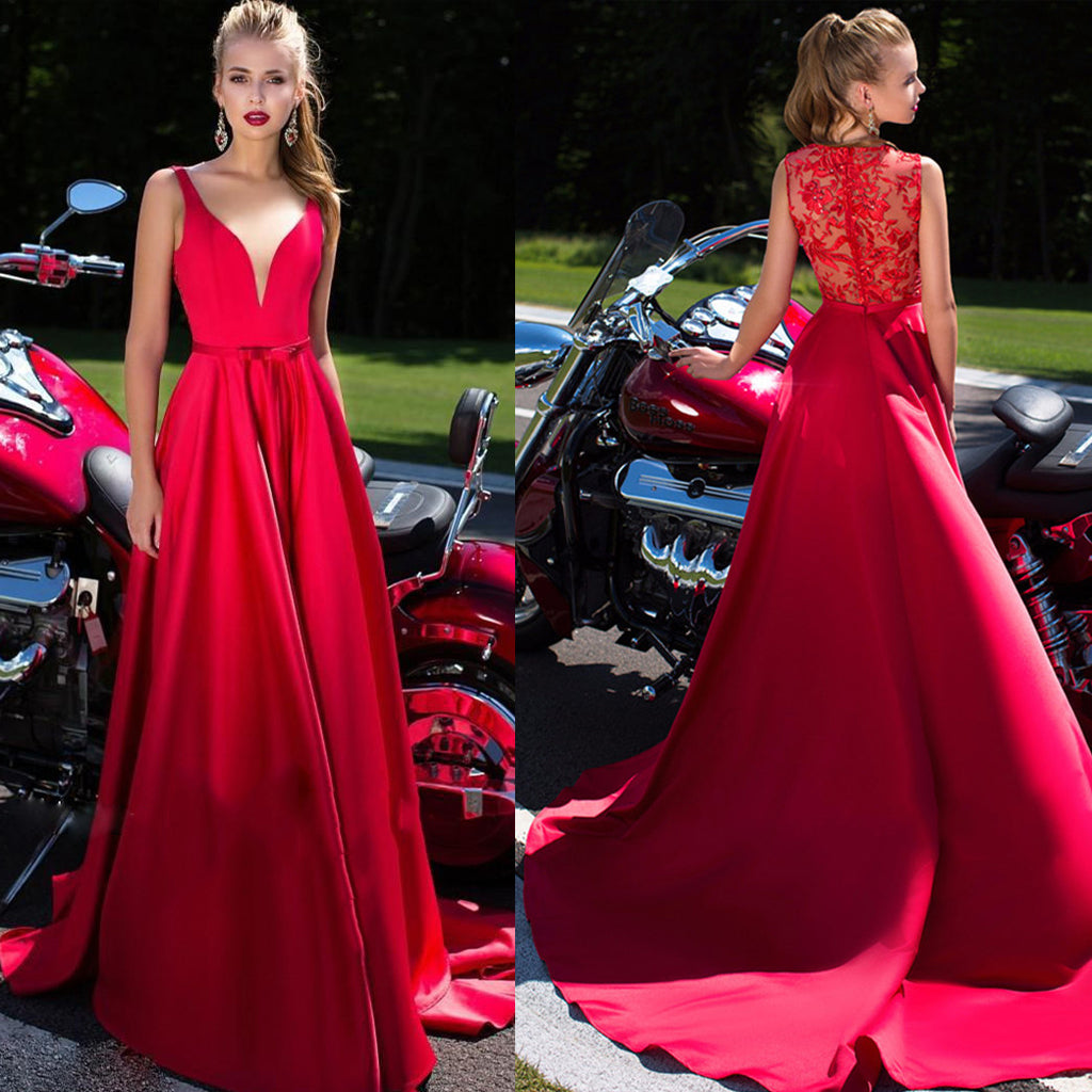 Long Prom Dresses Satin Prom Dresses Deep V Neck Prom Dresses Lace Prom Dresses Online Sleeveless Prom Dress Red Prom Dress DA828