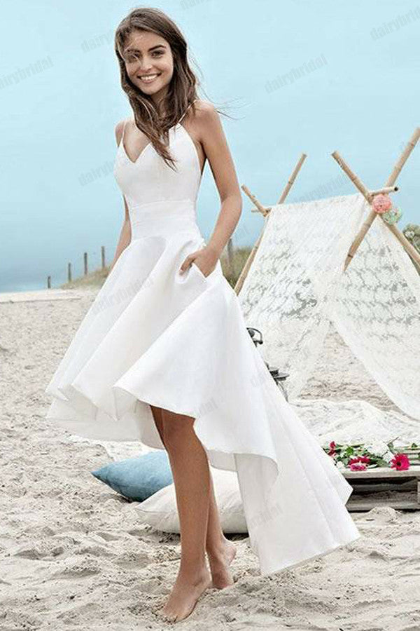 White Spaghetti Straps A-Line Homecoming Dress, High-Low Backless Home Dairy Bridal White Spaghetti Straps A-Line Homecoming Dress, High-Low Backless Home Dairy Bridal