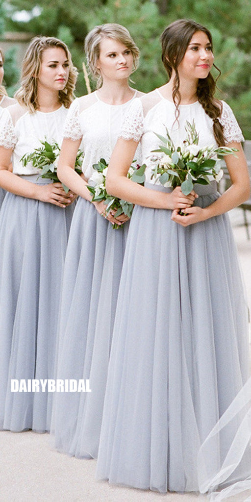 Long A-Line Tulle Bridesmaid Dress, Cheap Short Sleeve Bridesmaid Dress, D946