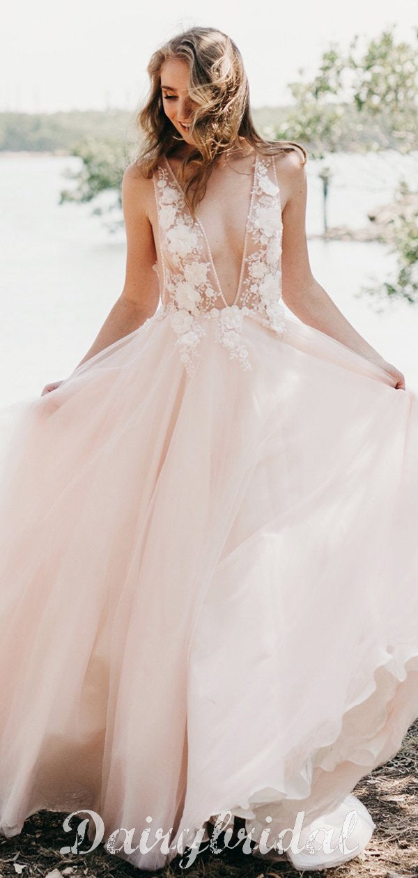 White & Pink Wedding Dresses Sexy V Neck Lace Applique A Line