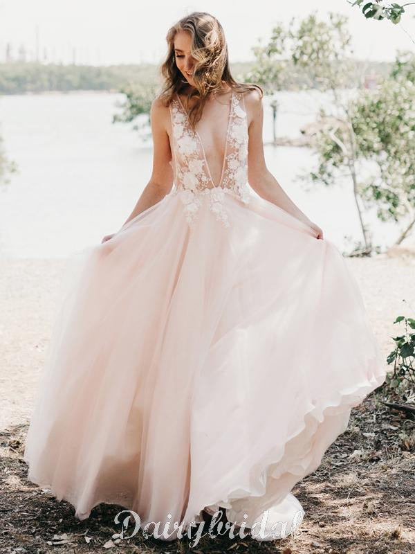Sexy Deep V-Neck Tulle Wedding Dress, A-Line Backless Applique Wedding Dairy Bridal Sexy Deep V-Neck Tulle Wedding Dress, A-Line Backless Applique Wedding Dairy Bridal