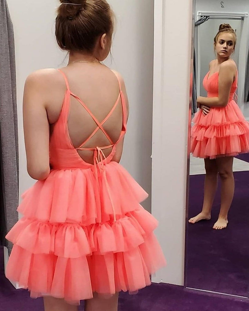 Spaghetti Straps Tulle Backless A-line V-neck Homecoming Dress, HC009