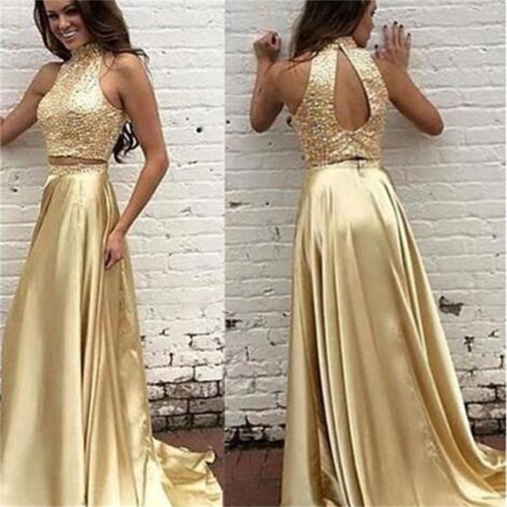 Two Pieces High neck Gold New Arrival Prom Dress, PD0062 Dairy Bridal Two Pieces High neck Gold New Arrival Prom Dress, PD0062 Dairy Bridal