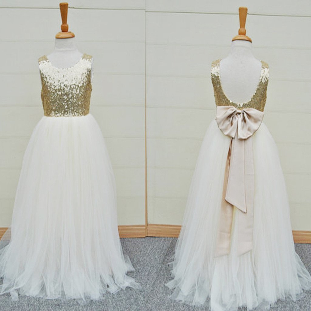Gold Sequin Top White Tulle Cute Flower Girl Dresses For Wedding Party – Dairy Bridal