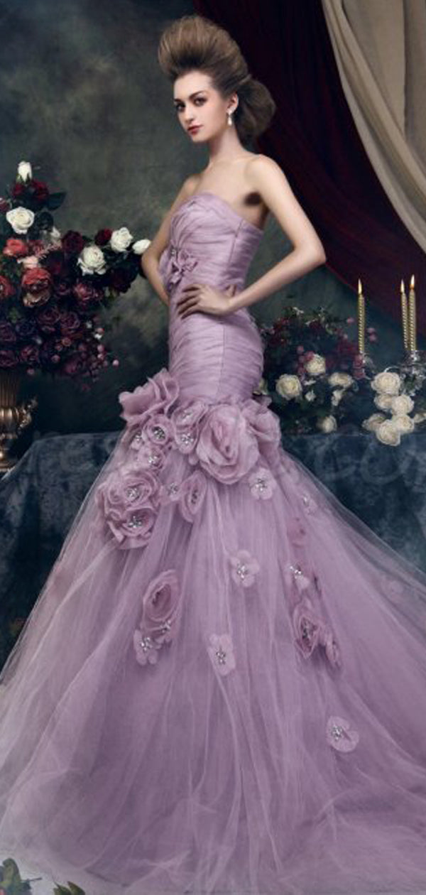 Gorgeous Strapless Mermaid Light Purple Tulle Appliques Wedding Dresses, WD0176 Gorgeous Strapless Mermaid Light Purple Tulle Appliques Wedding Dresses, WD0176