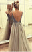 A-line Tulle Charming Deep V-neck Beaded Backless Prom Dresses, FC601