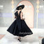 Black A-line Satin High Neck Backless Tea-Length Bridesmaid Dress, FC2267