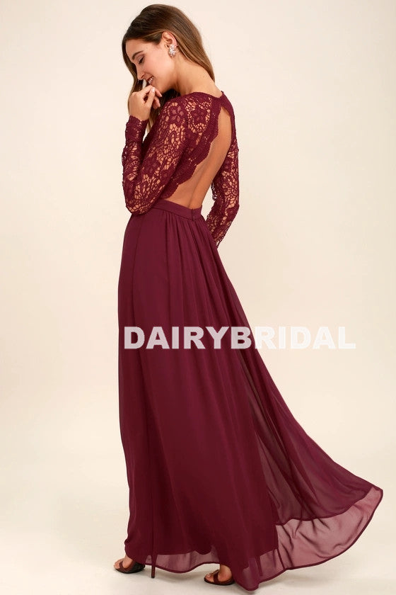 Inexpensive Long Sleeve Burgundy V-Neck Lace Opren-Back Bridesmaid Dre Dairy Bridal Inexpensive Long Sleeve Burgundy V-Neck Lace Opren-Back Bridesmaid Dre Dairy Bridal