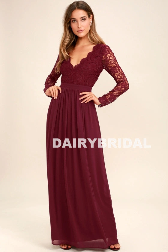 Inexpensive Long Sleeve Burgundy V-Neck Lace Opren-Back Bridesmaid Dre Dairy Bridal Inexpensive Long Sleeve Burgundy V-Neck Lace Opren-Back Bridesmaid Dre Dairy Bridal