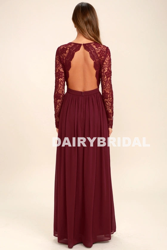 Inexpensive Long Sleeve Burgundy V-Neck Lace Opren-Back Bridesmaid Dre Dairy Bridal Inexpensive Long Sleeve Burgundy V-Neck Lace Opren-Back Bridesmaid Dre Dairy Bridal