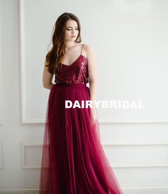 Newest Sequin Top A-Line Two Pieces Tulle Mismatched Bridesmaid Dresses, D1181