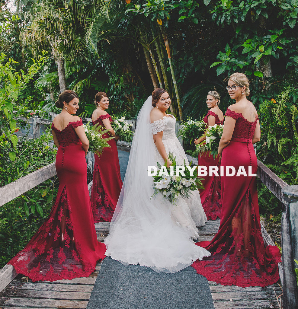 Newest Off Shoulder Lace Bridesmaid Dress, Red Backless Mermaid Sexy Bridesmaid Dress, D1385