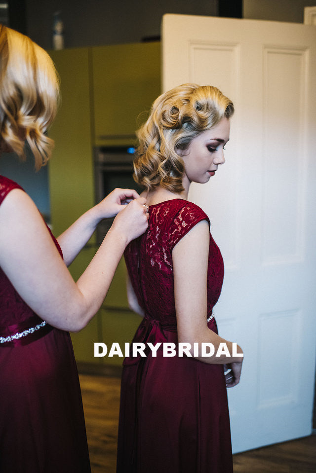 Charming Lace Top Cap Sleeve Bridesmaid Dress, A-Line Jersey Bridesmaid Dress, D1123
