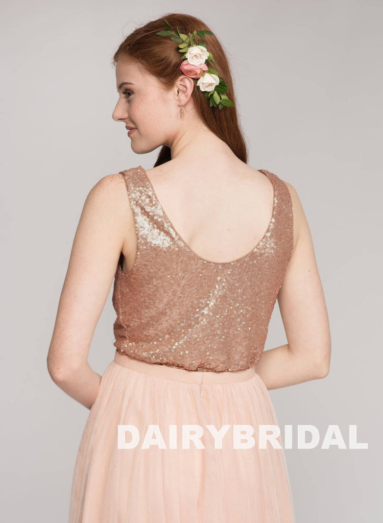 Sparkle Sequin Top Bridesmaid Dress, A-Line Tulle Tea-Length Cheap Bridesmaid Dress, D1236