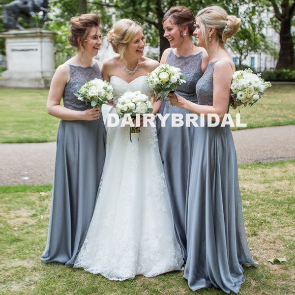 Simple Lace Top Floor-Length Bridesmaid Dress, Cheap Soft Satin Backless Bridesmaid Dress, D914