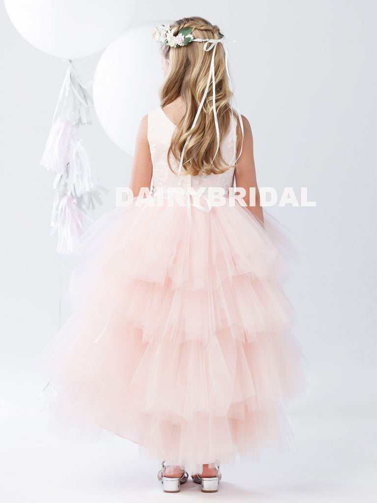 Pink High-Low Tulle Lace Top Flower Girl Dresses, Lovely Tutu Dresses,  D1141
