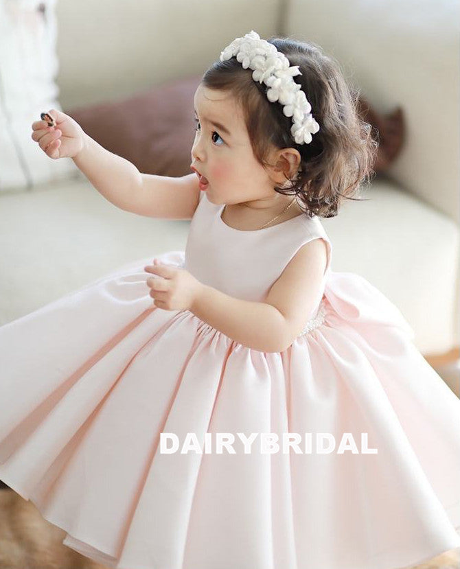 Pink Satin Flower Girl Dresses, A-Line Beaded Popular Little Girl