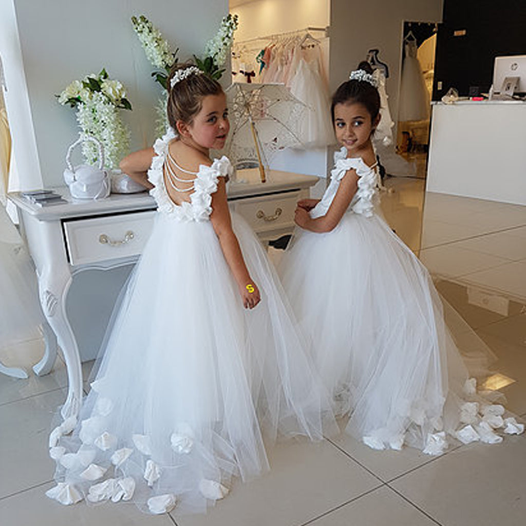White Backless Applique Flower Girl Dresses, Tulle Lovely Little Girl Dairy Bridal White Backless Applique Flower Girl Dresses, Tulle Lovely Little Girl Dairy Bridal