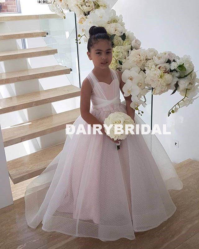 Pink Organza Tulle A-Line Flower Girl Dresses, Lace Up Lovely Little Girl Dresses, D1198