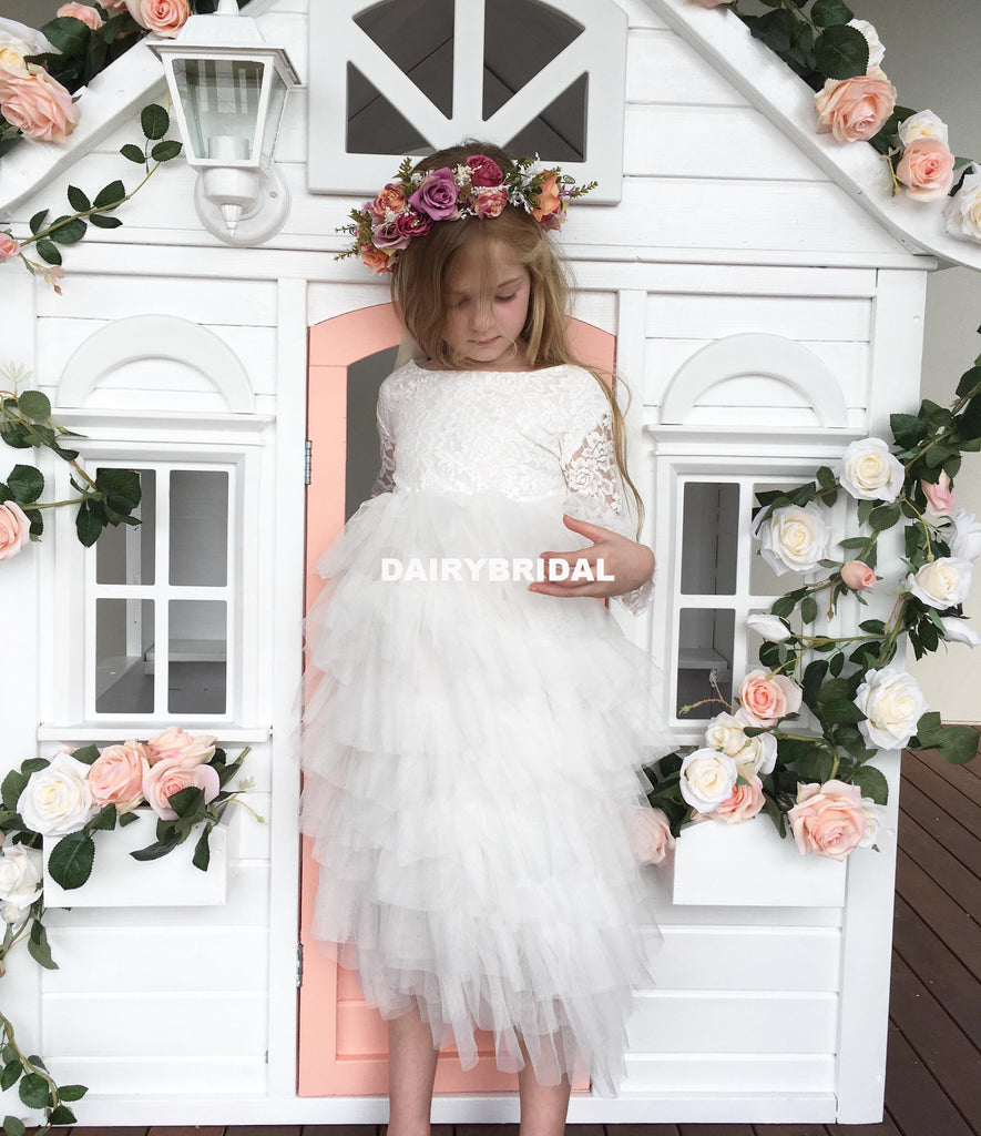 White Long Sleeve Lace Flower Girl Dresses, Tulle Backless Popular Little Girl Dresses, D1202
