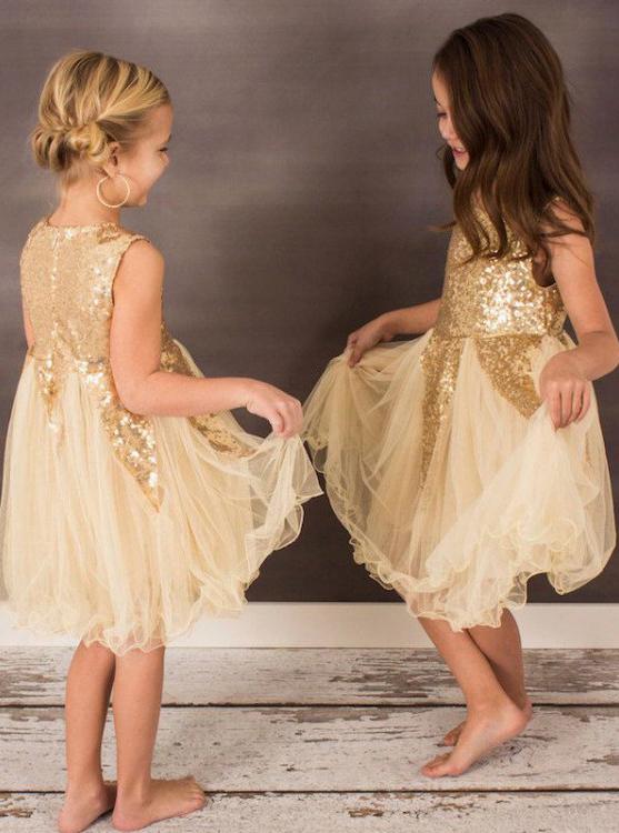 Gold Sequin A-Line Tulle Flower Girl Dresses, Lovely Little Girl Dresses, FC1357