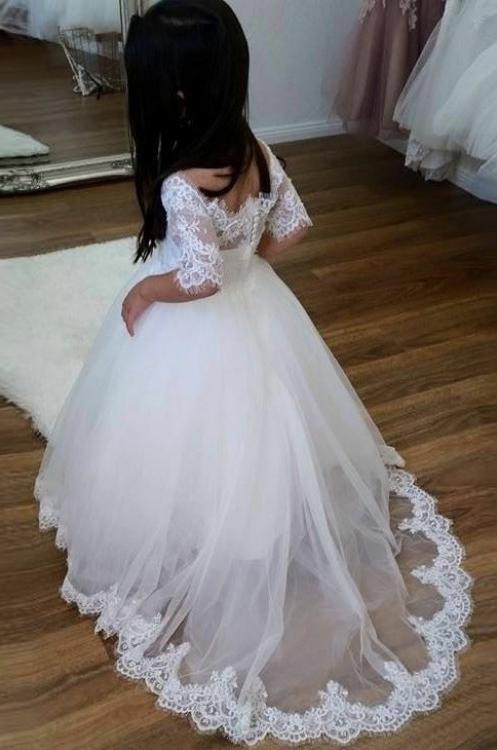 Cute Off Shoulder Tulle Flower Girl Dresses, Popular Lace Little Girl Dairy Bridal Cute Off Shoulder Tulle Flower Girl Dresses, Popular Lace Little Girl Dairy Bridal
