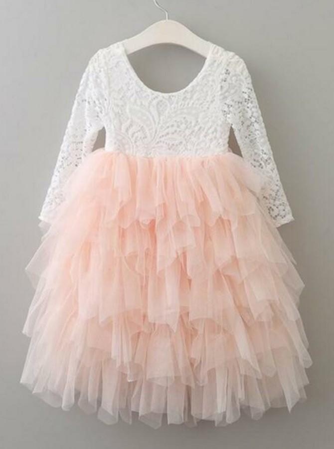 A-Line Lace Top 3/4 Sleeve Tulle Flower Girl Dresses, Tea-Length Lovely Little Girl Dresses, FC2176