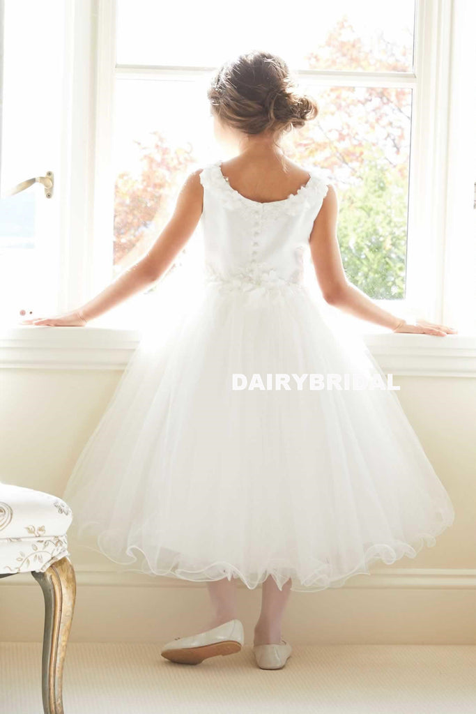 White Tulle Round Neckline Flower Girl Dresses, Applique Popular Little Girl Dresses, D994