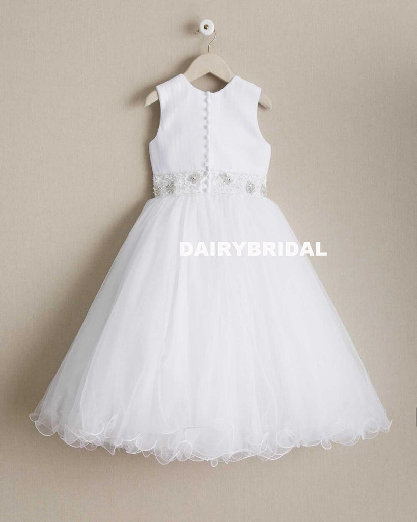 White Beaded Round Neckline Flower Girl Dresses, Tulle Popular Little Girl Dresses, D995