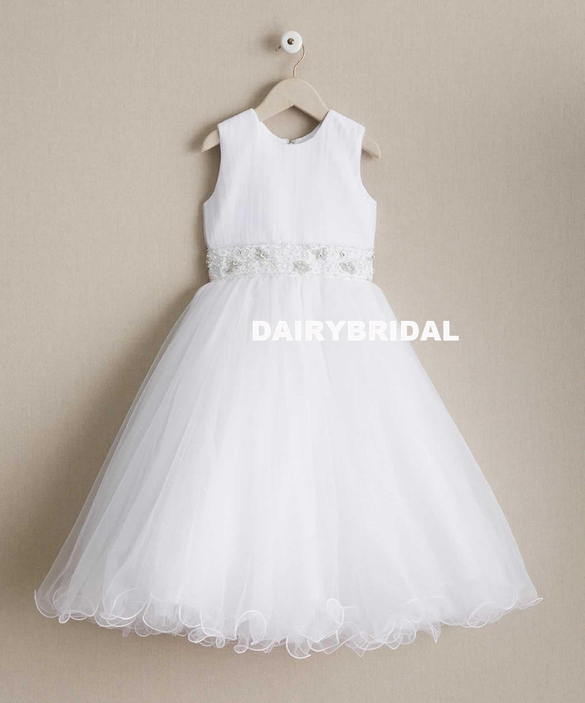 White Beaded Round Neckline Flower Girl Dresses, Tulle Popular Little Girl Dresses, D995