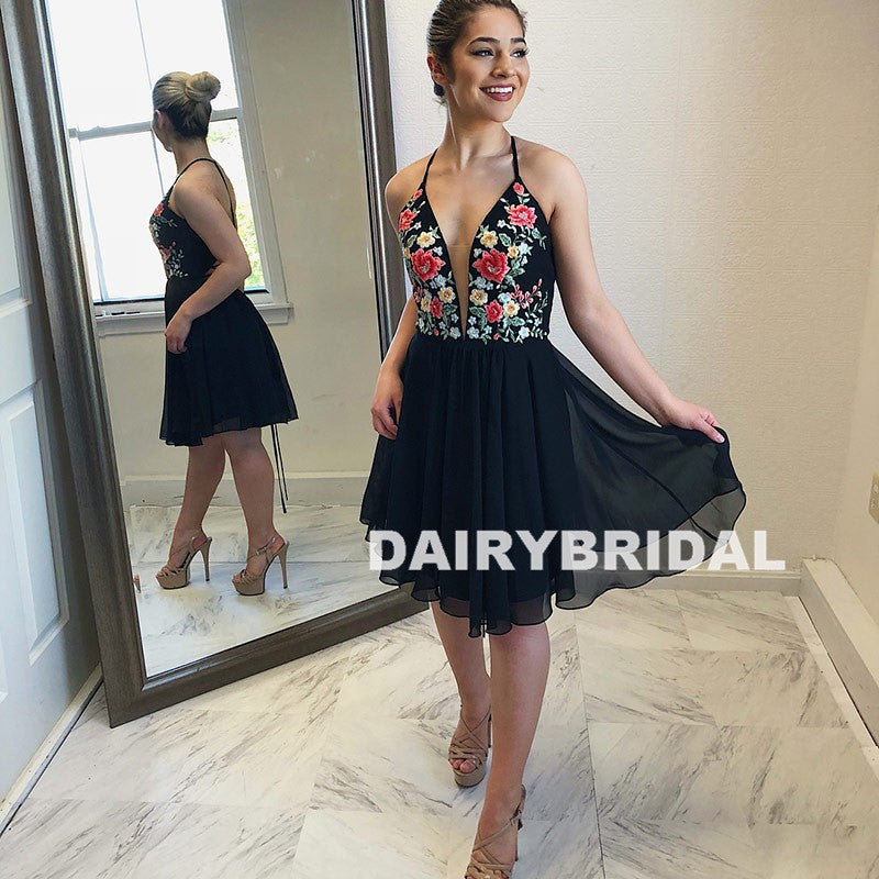 Spaghetti Straps Black Homecoming Dress, A-Line Chiffon Backless Embroidery Homecoming Dress, D1249