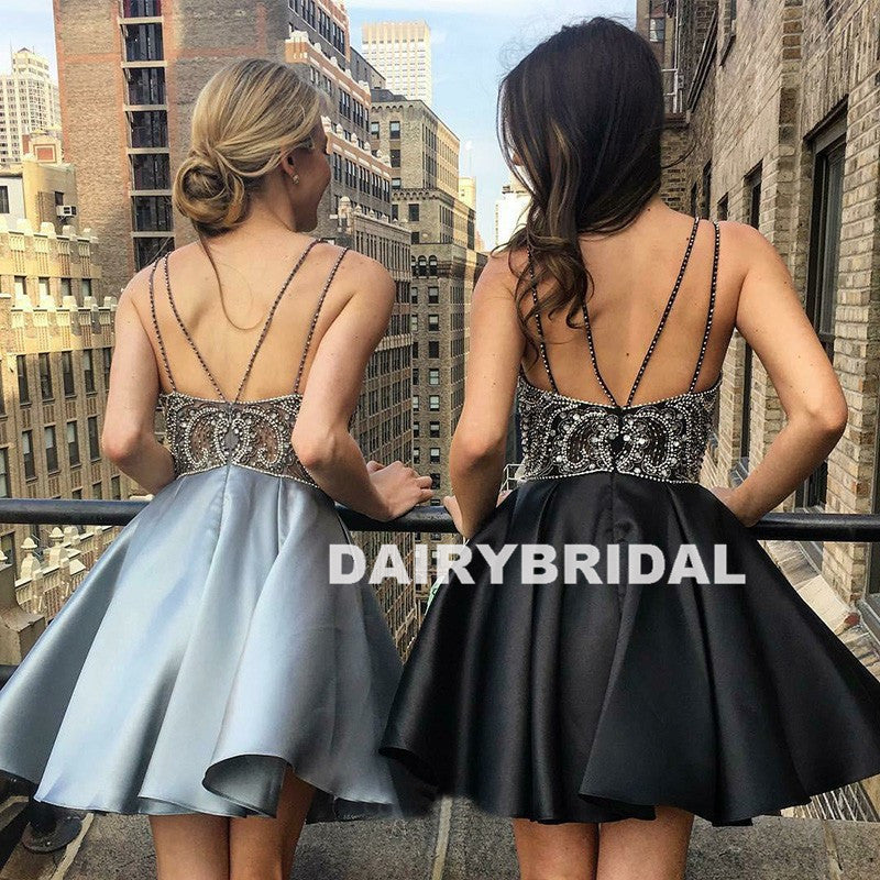 Beaded Top Spaghetti Straps Homecoming Dress, A-Line Backless Satin Ho Dairy Bridal Beaded Top Spaghetti Straps Homecoming Dress, A-Line Backless Satin Ho Dairy Bridal
