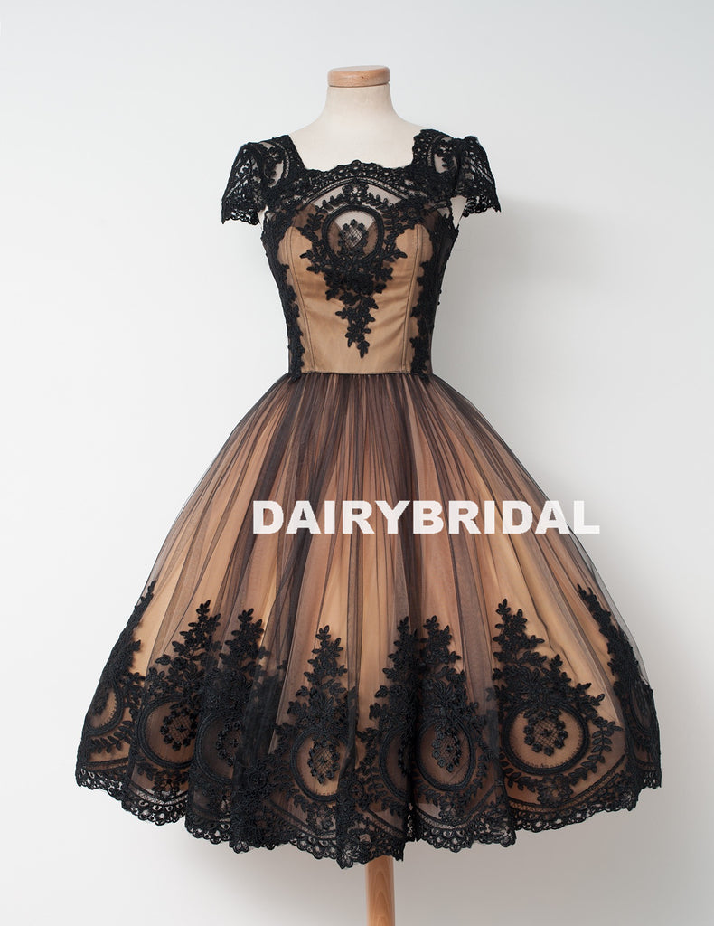 Newest Cap Sleeve Black Lace Homecoming Dress, Tulle A-Line Backless H Dairy Bridal Newest Cap Sleeve Black Lace Homecoming Dress, Tulle A-Line Backless H Dairy Bridal