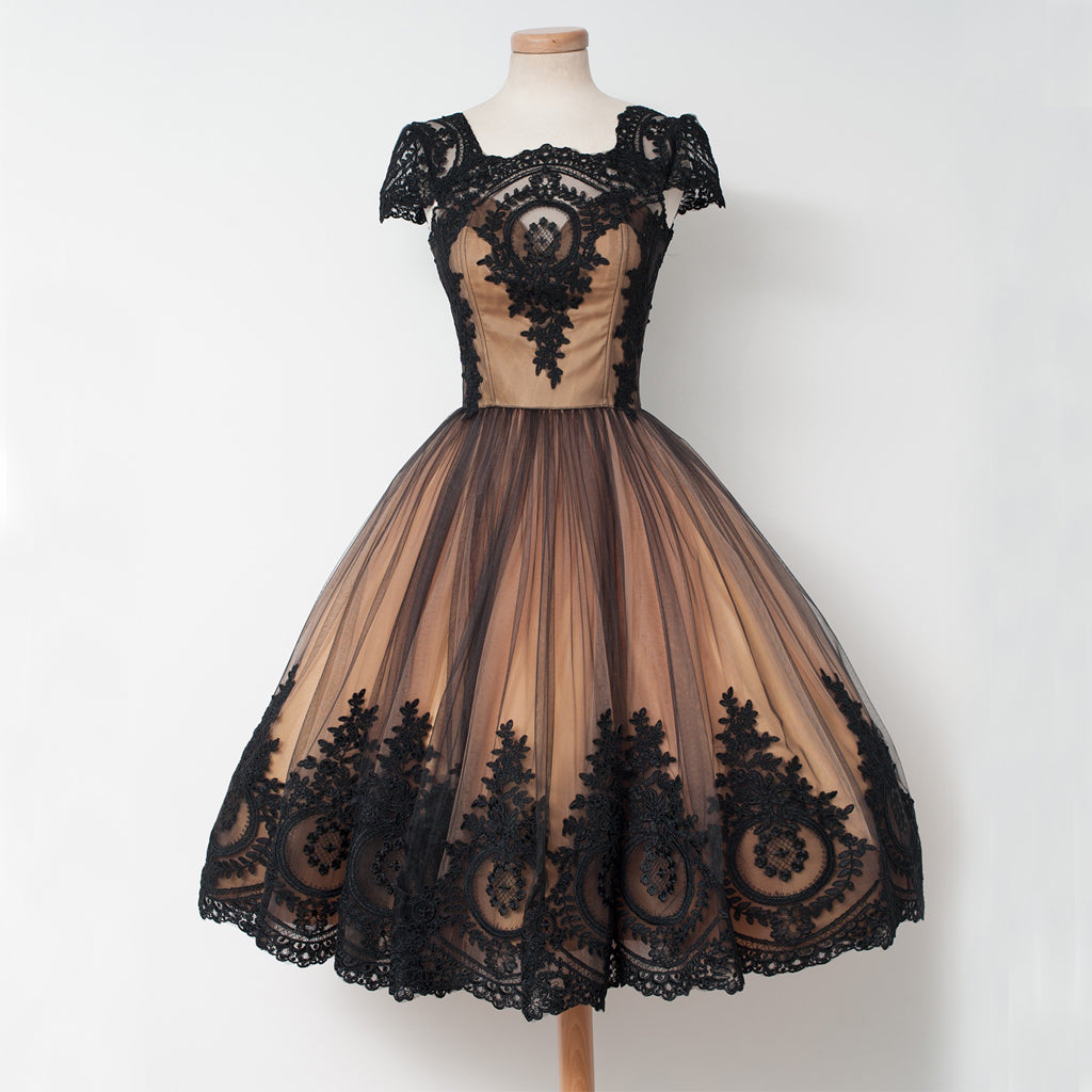 Newest Cap Sleeve Black Lace Homecoming Dress, Tulle A-Line Backless H Dairy Bridal Newest Cap Sleeve Black Lace Homecoming Dress, Tulle A-Line Backless H Dairy Bridal