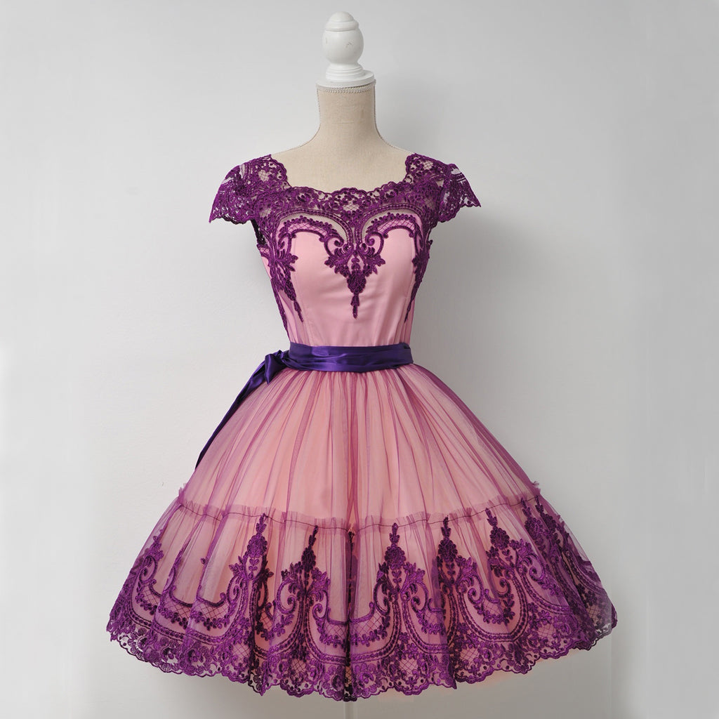 Special Popular Lace Cheap Homecoming Dress, Cap Sleeve Tulle A-Line Homecoming Dress, D1323
