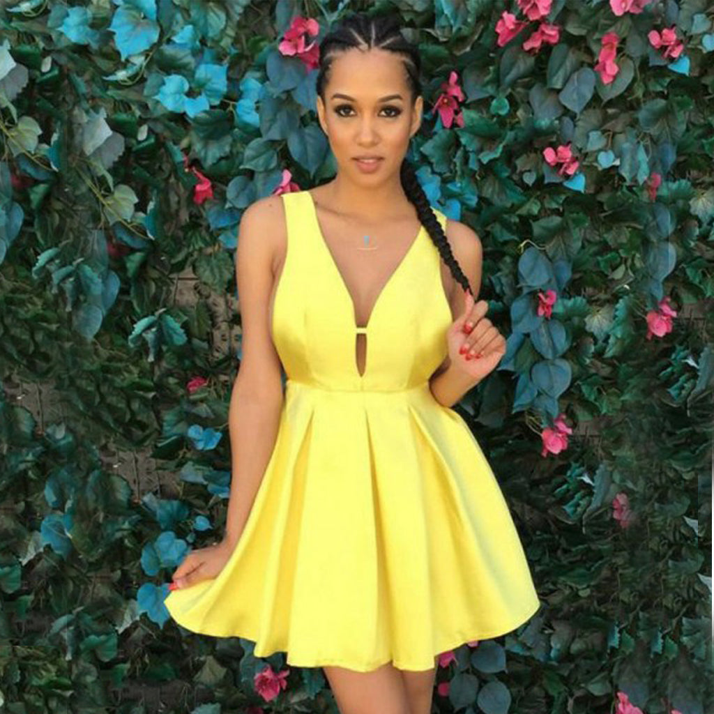 Short Sexy Yellow Homecoming Dress, Satin A-Line Knee-Length Homecomin Dairy Bridal Short Sexy Yellow Homecoming Dress, Satin A-Line Knee-Length Homecomin Dairy Bridal