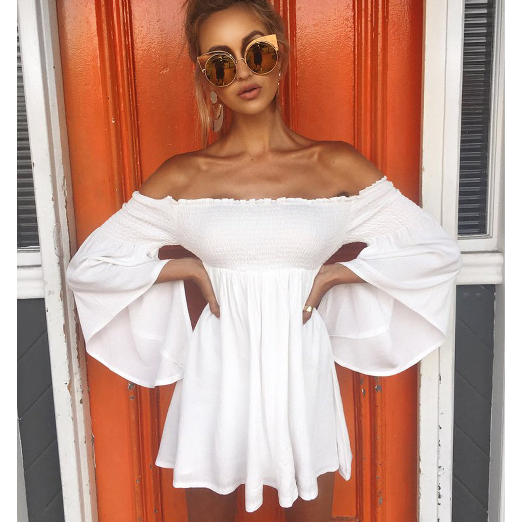 White Off Shoulder A-Line Homecoming Dress, Backless Long Sleeve Homec Dairy Bridal White Off Shoulder A-Line Homecoming Dress, Backless Long Sleeve Homec Dairy Bridal